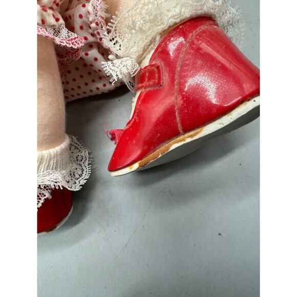 Vintage Handmade Cloth Doll Blonde Curly Hair Polka Dot Dress & Red Shoes READ - Picture 6 of 11